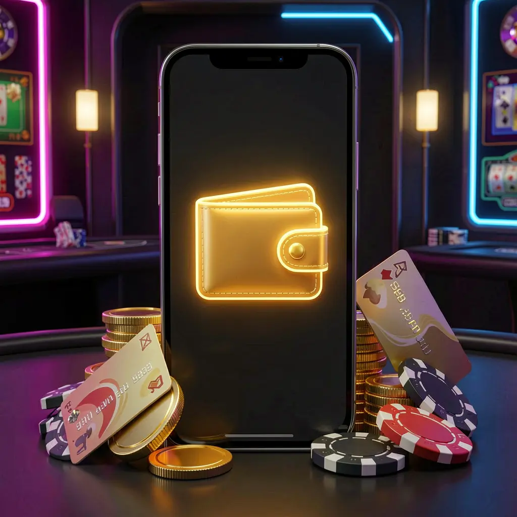 Konsep bonus setoran kasino online HT666 dengan layar ponsel pintar yang menampilkan ikon dompet bercahaya, dikelilingi tumpukan koin emas, chip poker, dan kartu bank pada latar belakang gelap mewah dengan sorotan neon dalam gaya 3D realistis